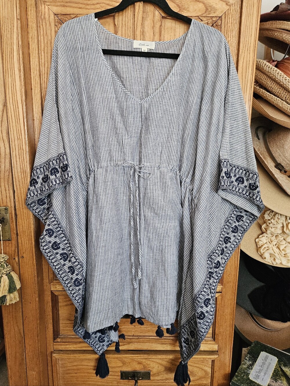 Ciel USA Blue/White Striped Blue Embroidery Tunic Blouse Cotton Medium (& L/XL)